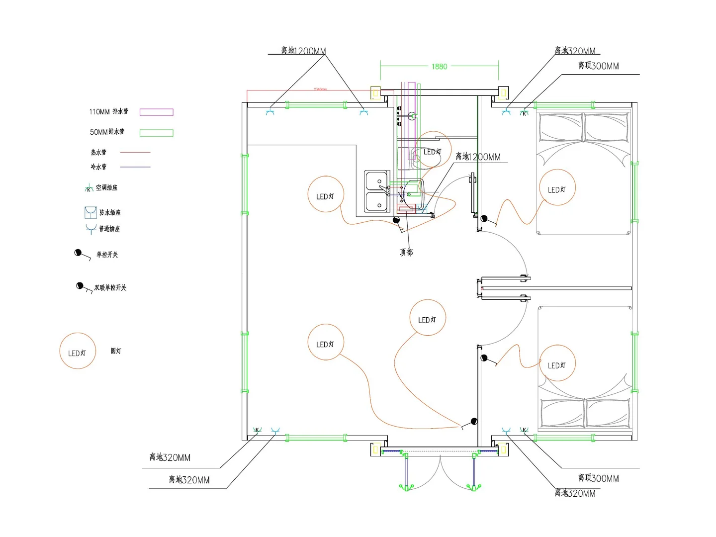 20 ft layout and MEP reference used to coordinate water, drainage, sockets and lighting.