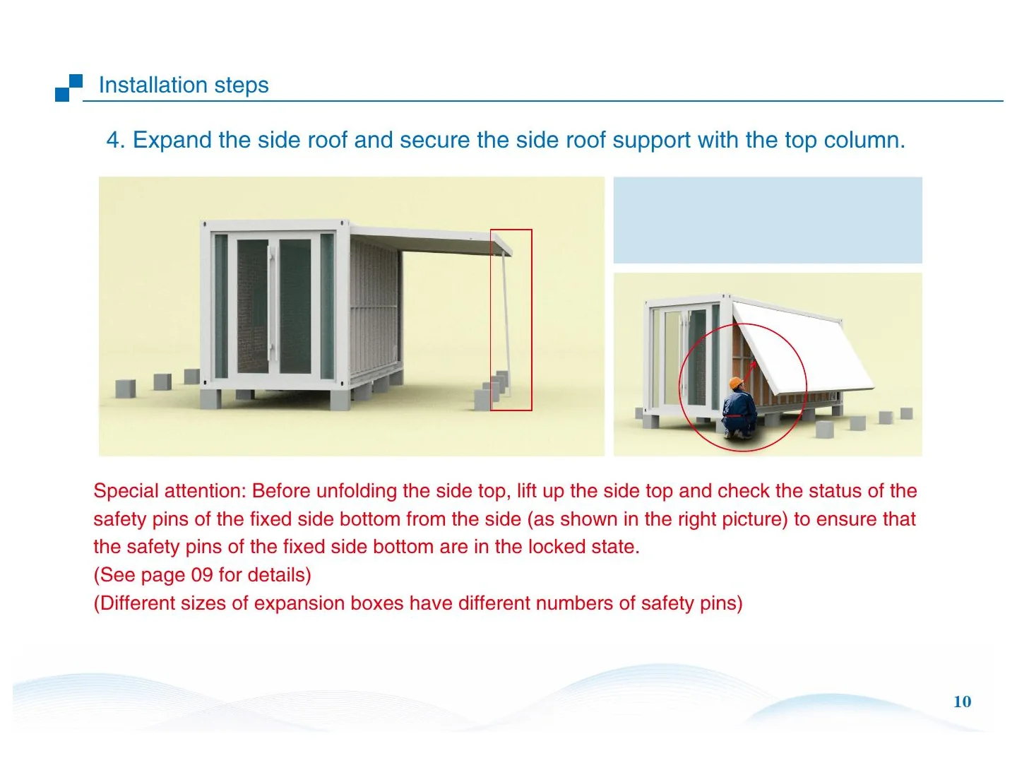 Huisheng manual page showing side-roof deployment and the safety-pin check.