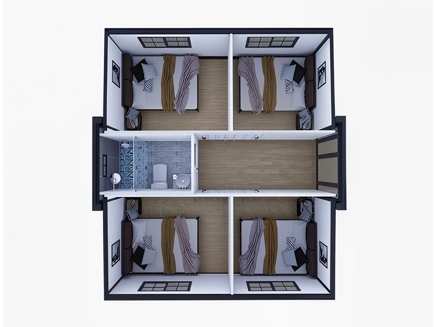 20 ft four-bedroom arrangement for higher-density sleeping accommodation.
