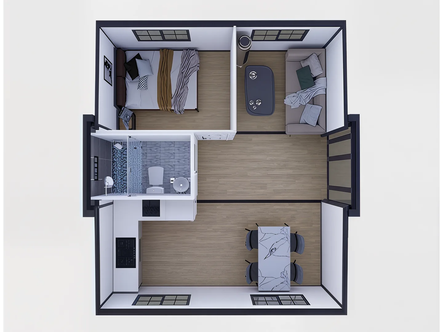 20 ft one-bedroom concept with living, dining, kitchen and bathroom zones.