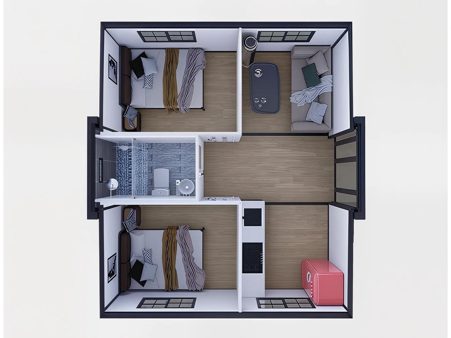 20 ft two-bedroom concept for a compact family or staff dwelling.