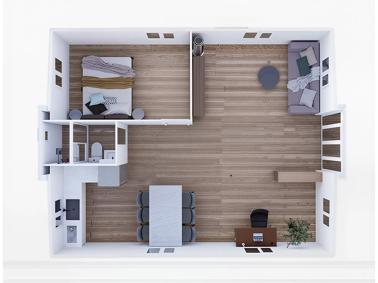 30 ft one-bedroom concept with a larger multipurpose living zone.
