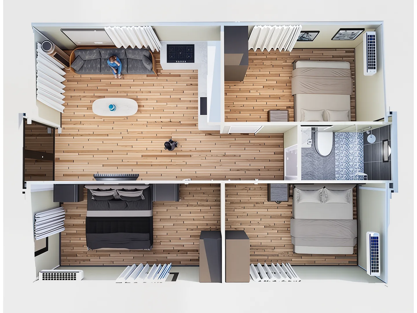30 ft three-bedroom concept for family or staff accommodation.
