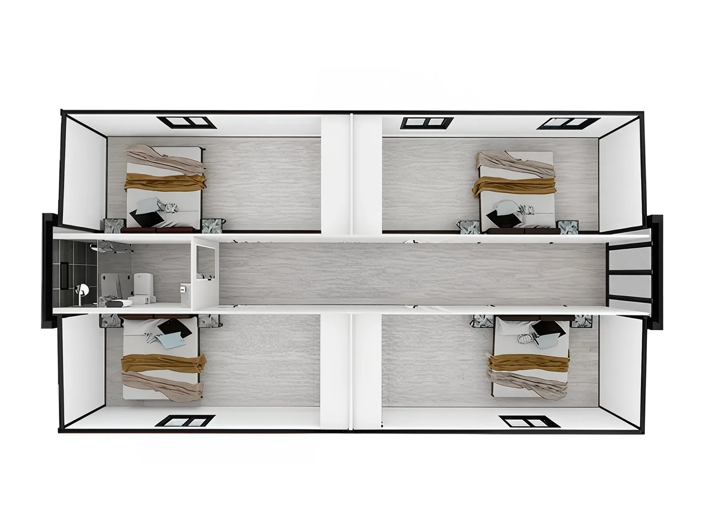 40 ft four-bedroom sleeping layout for high-capacity accommodation.