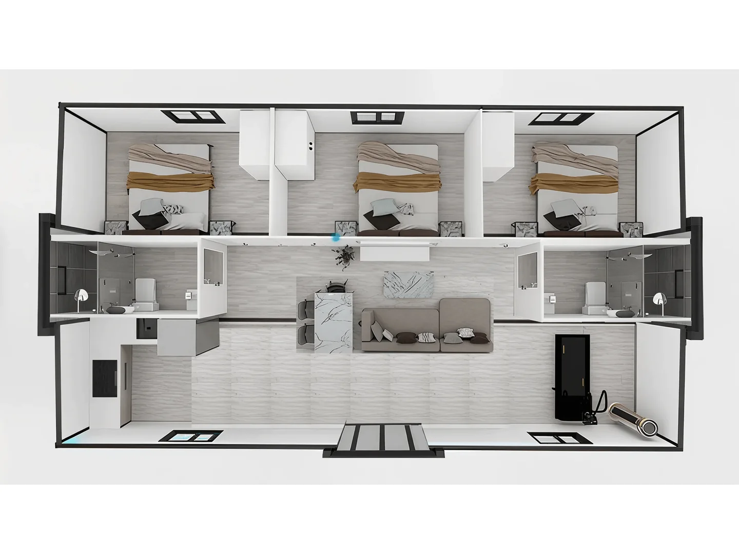 40 ft three-bedroom concept with two bathroom zones.