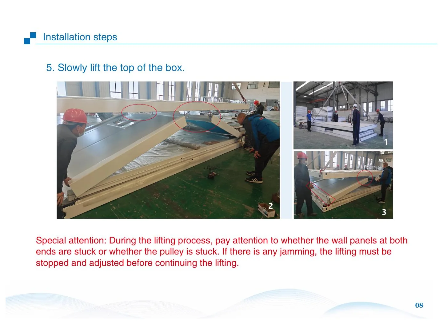 Z-folding manual roof-lifting step and stop-work safety instruction.